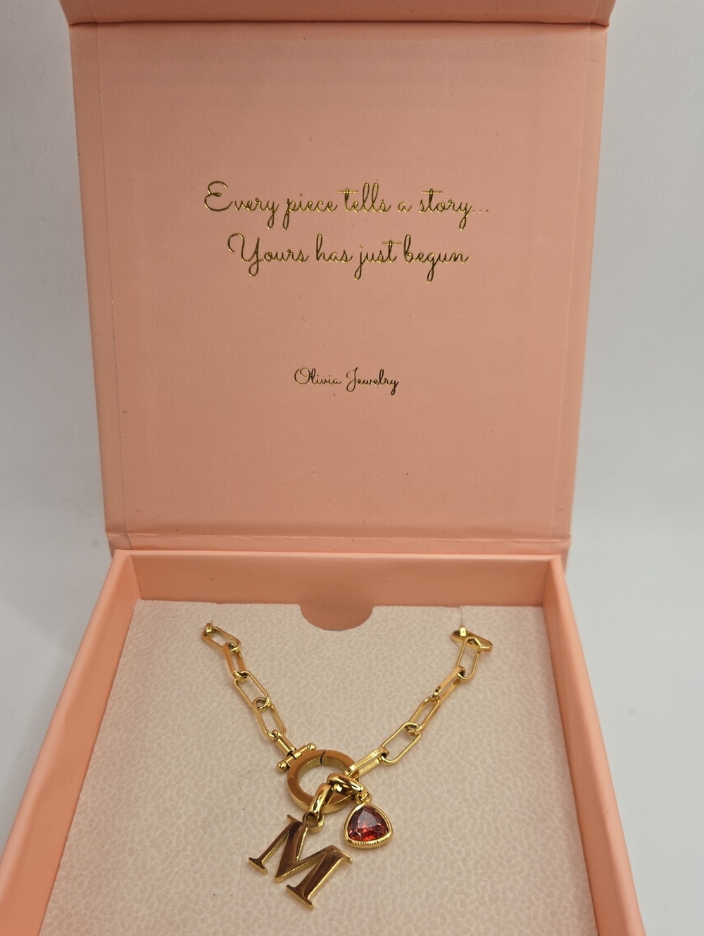 NEW Gold Initial 'M' Necklace with Pink Heart Charm